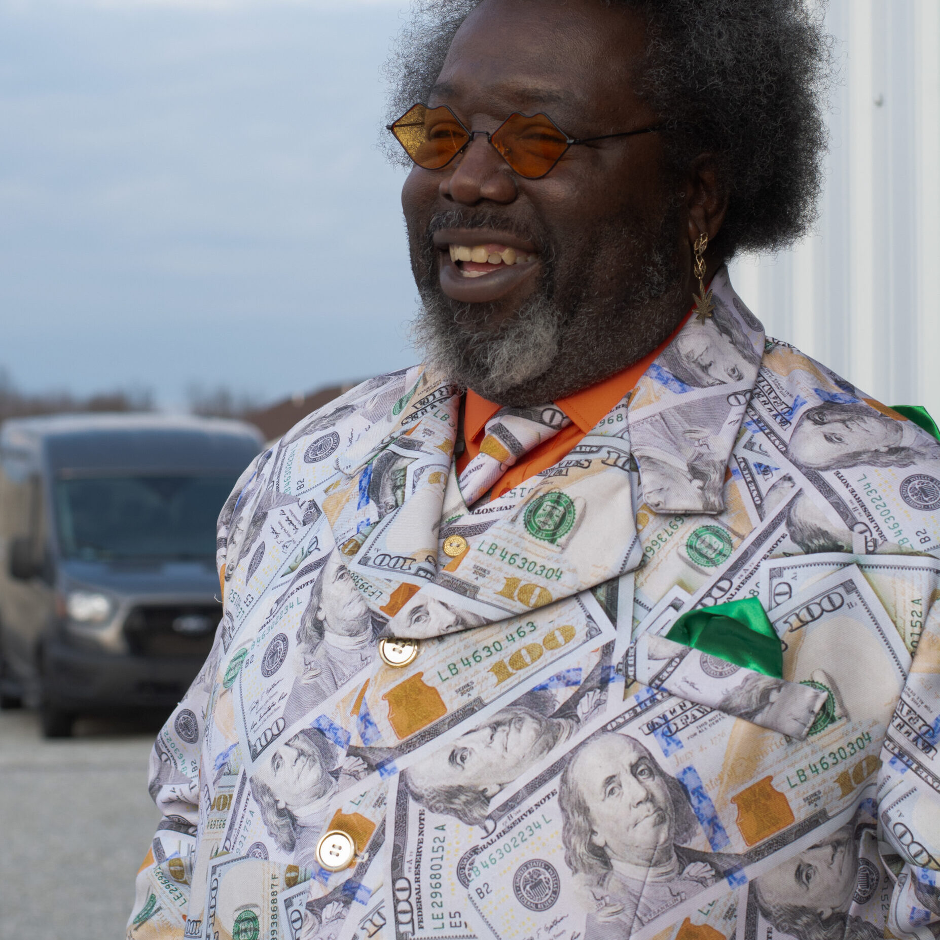 Joseph Foreman, known as Afroman, smiles while standing outside his garage on Feb. 25, 2024.