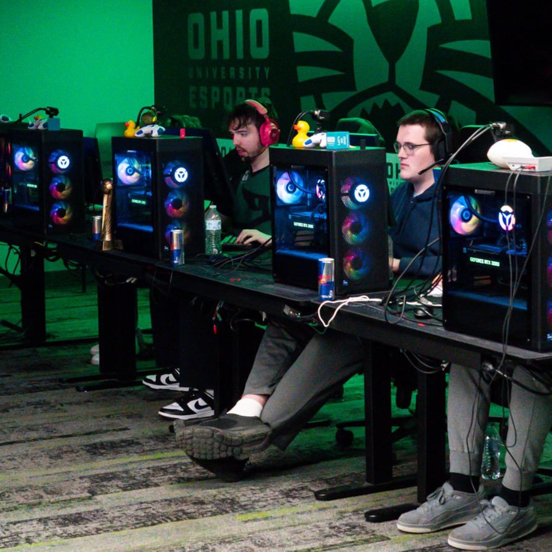 The Bobcats’ varsity VALORANT team faces off against the Ball State Cardinals at the esports arena in the basement of Scripps Hall. | Photo by 
Liam Syrvalin